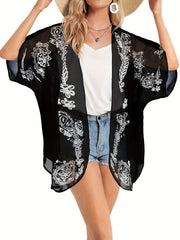 Semi Sheer V Neck Print Cover Up Shirt for Women