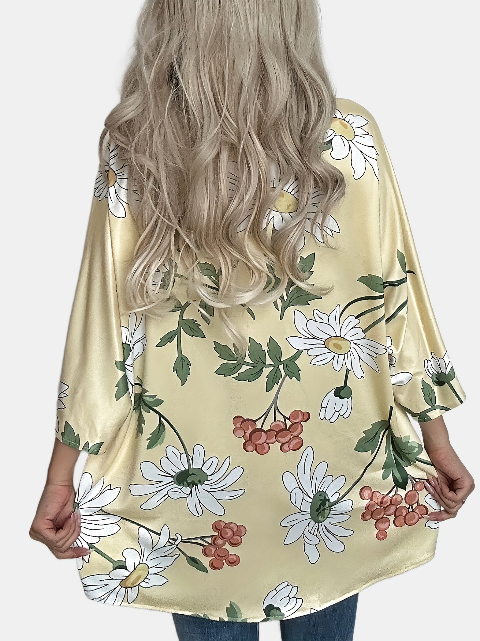  Floral Print Half Sleeve Open Front Cardigan