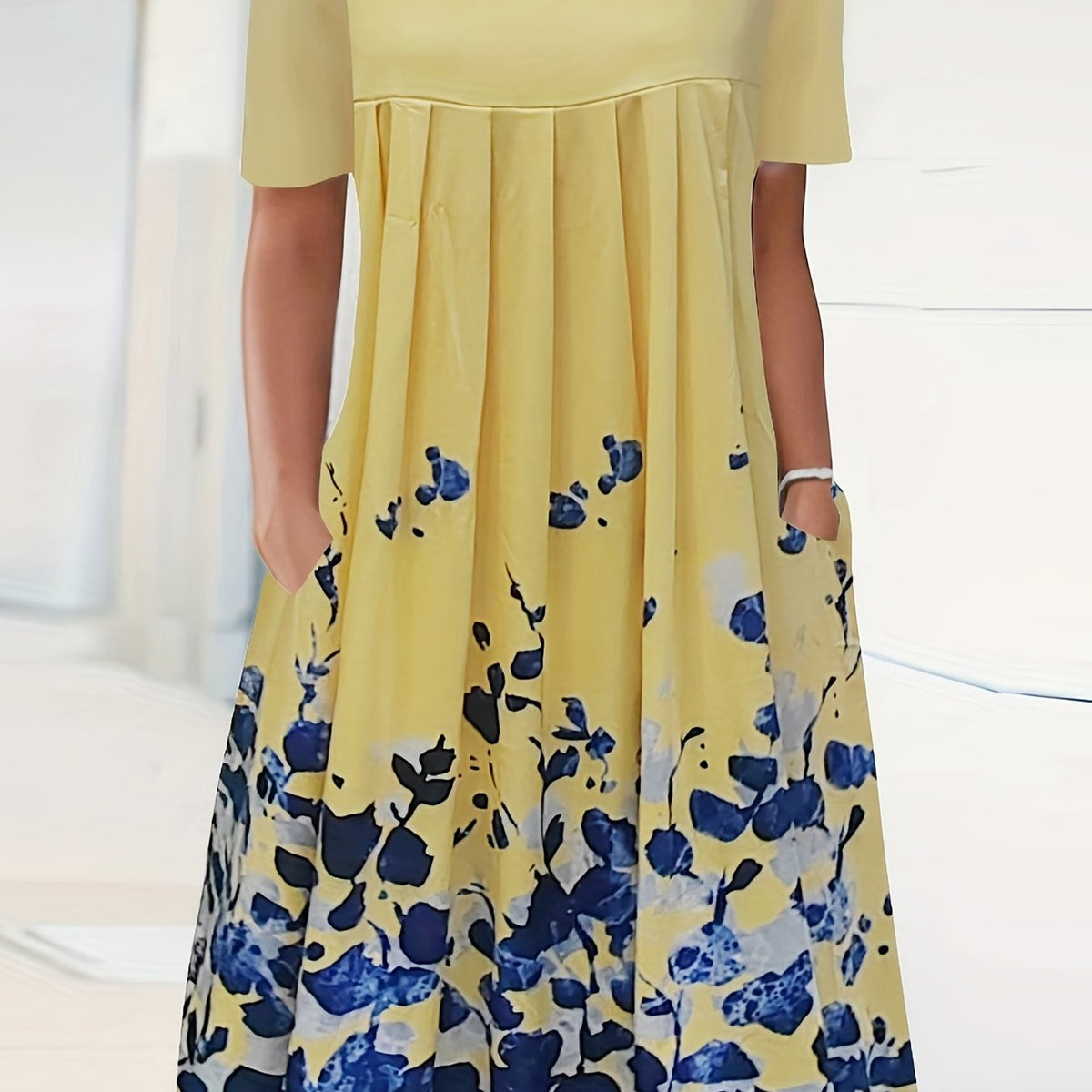  Floral Print Short Sleeve Dress With Pockets