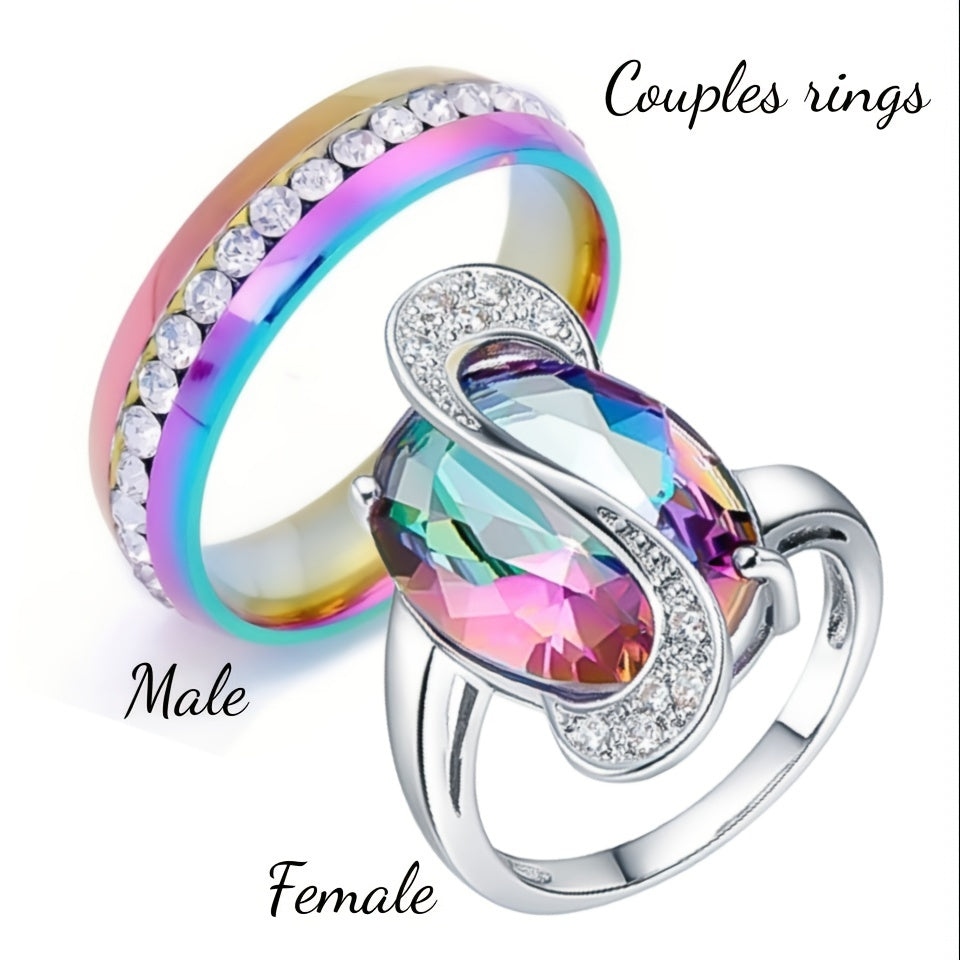 Stainless Steel Crystal Couple Ring Men Women