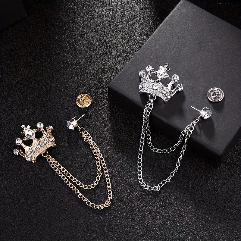 Rhinestone Crown Brooch Chain Tassel Suit Jewelry Collar Pin