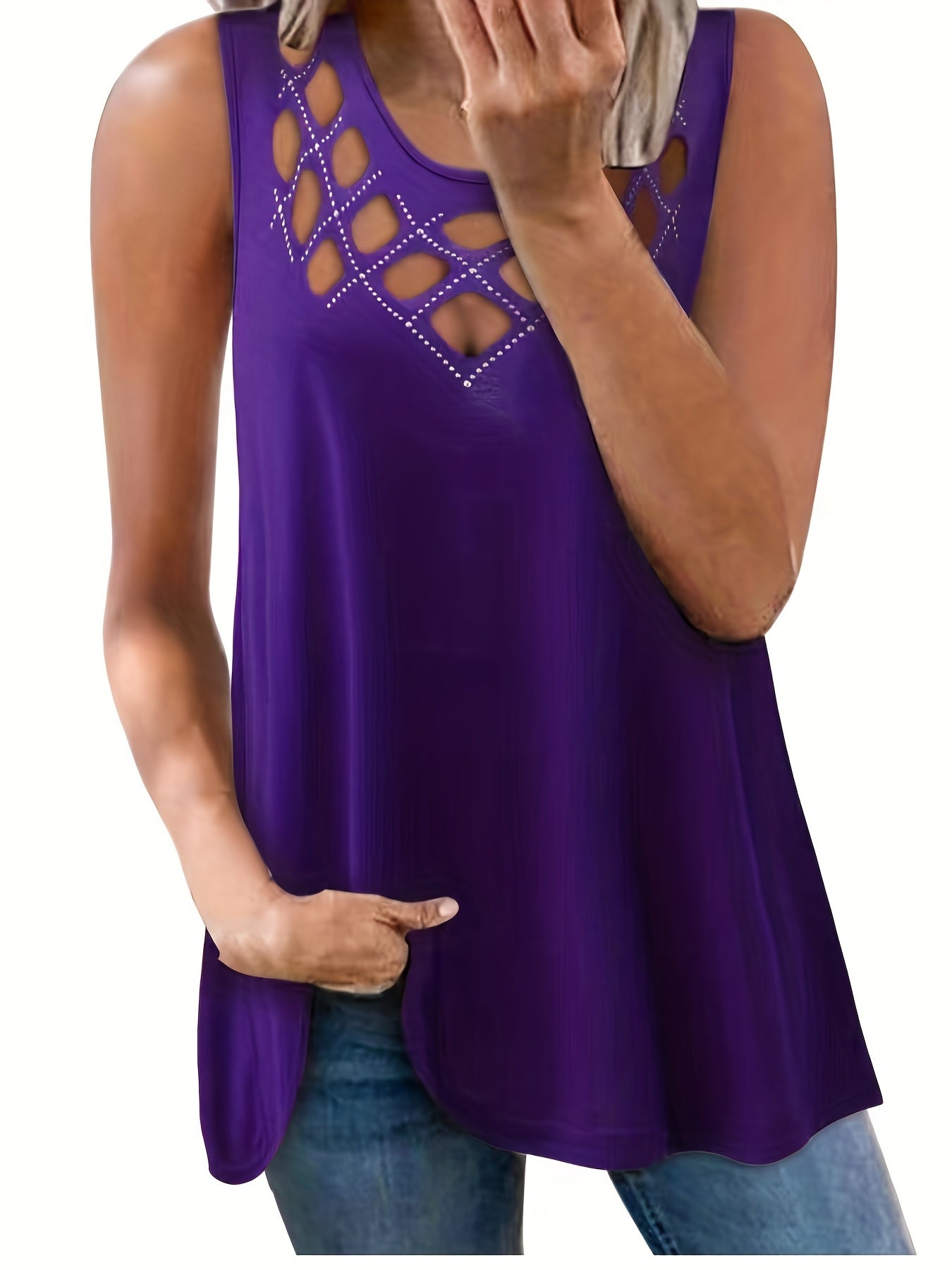  Casual Tank Top Women's Plus Solid Rhinestone Cut Out Round Neck