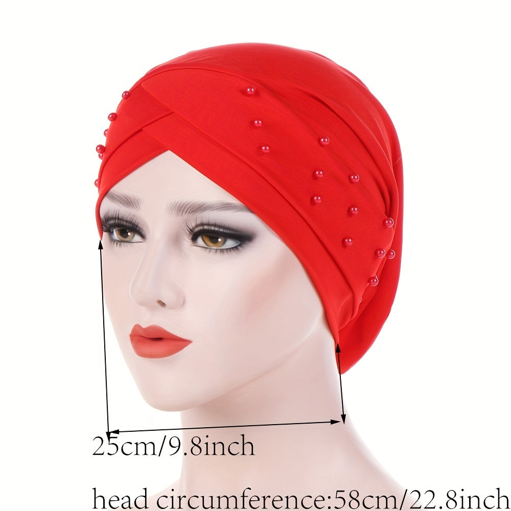 Baggy Beanie Cap Turban Headwrap Solid Beads Decor Headscarf Ramadan