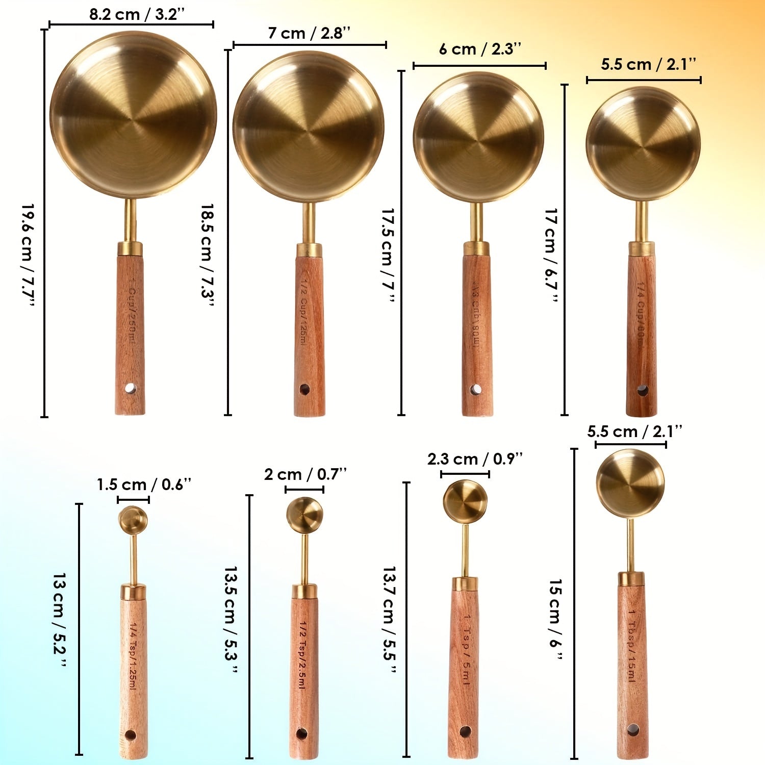 8pcs Golden Measuring Cup Set & Spoon with Wood Handle