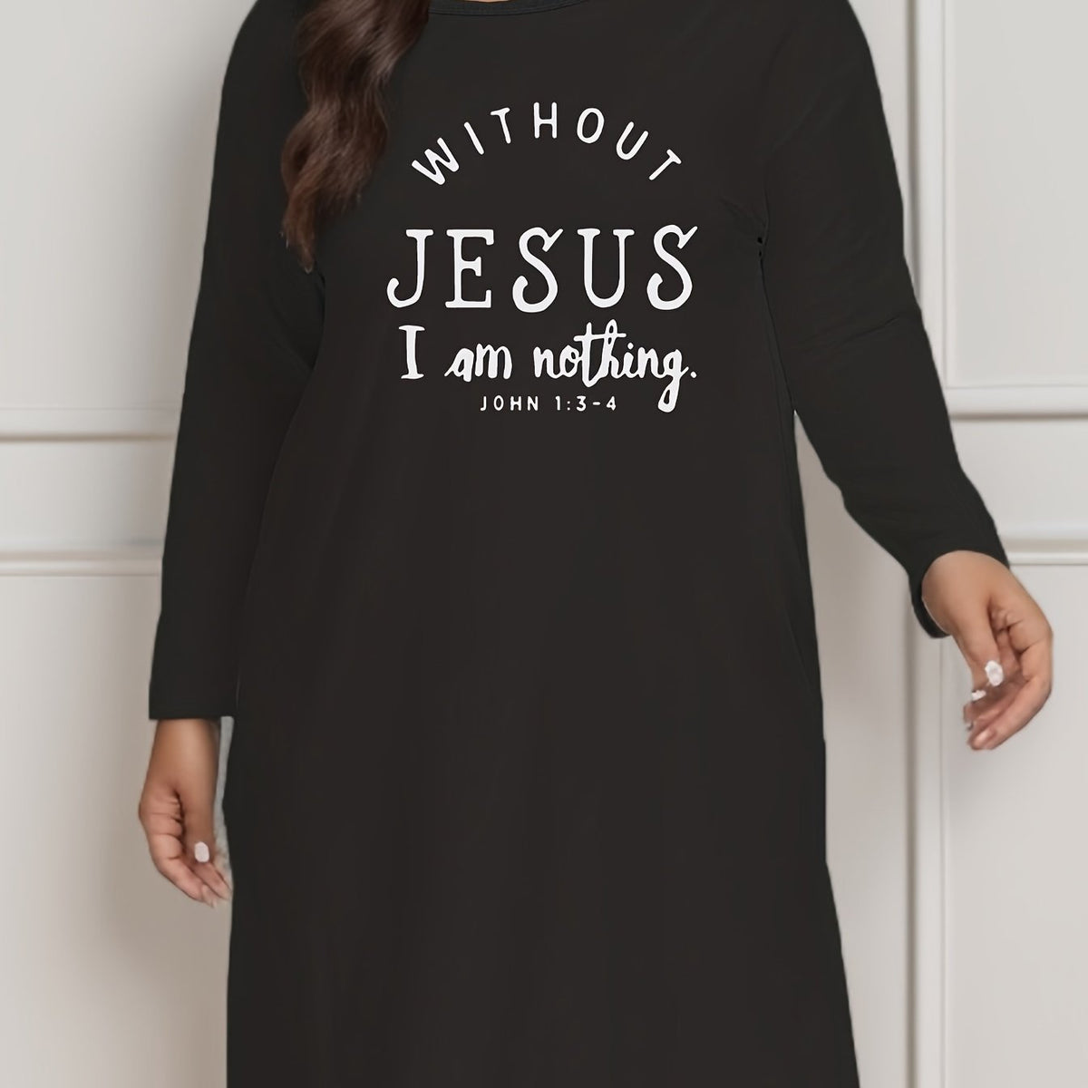 Lounge Dress Women's Slogan Print Long Sleeve Round Neck Tee