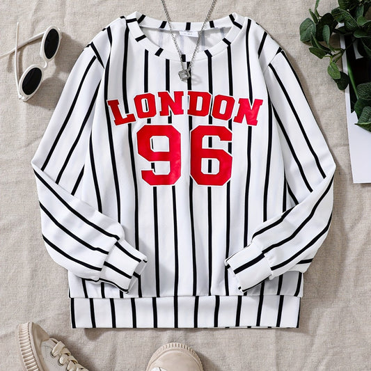 Girls Striped Team Number Crew Neck Sweatshirt For Sports Casual Outfit