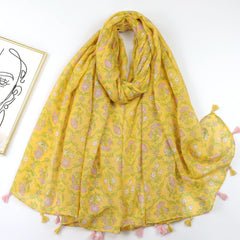 Floral Print Scarf Tassel Shawl Head Wrap Sunscreen Windproof Beach Towel