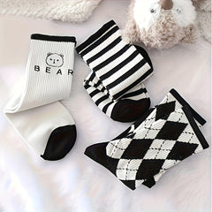 5 Pairs Bear & Plaid Print Socks Mid Tube Women's Stockings