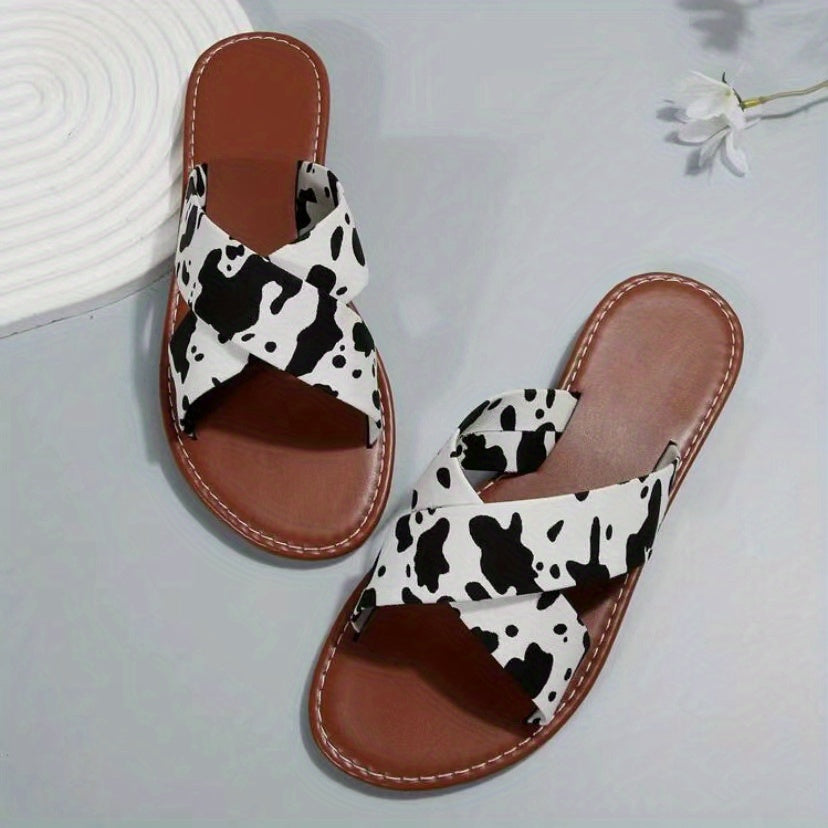 Women's Cross Strap Flat Slippers Open Toe Non Slip Slides