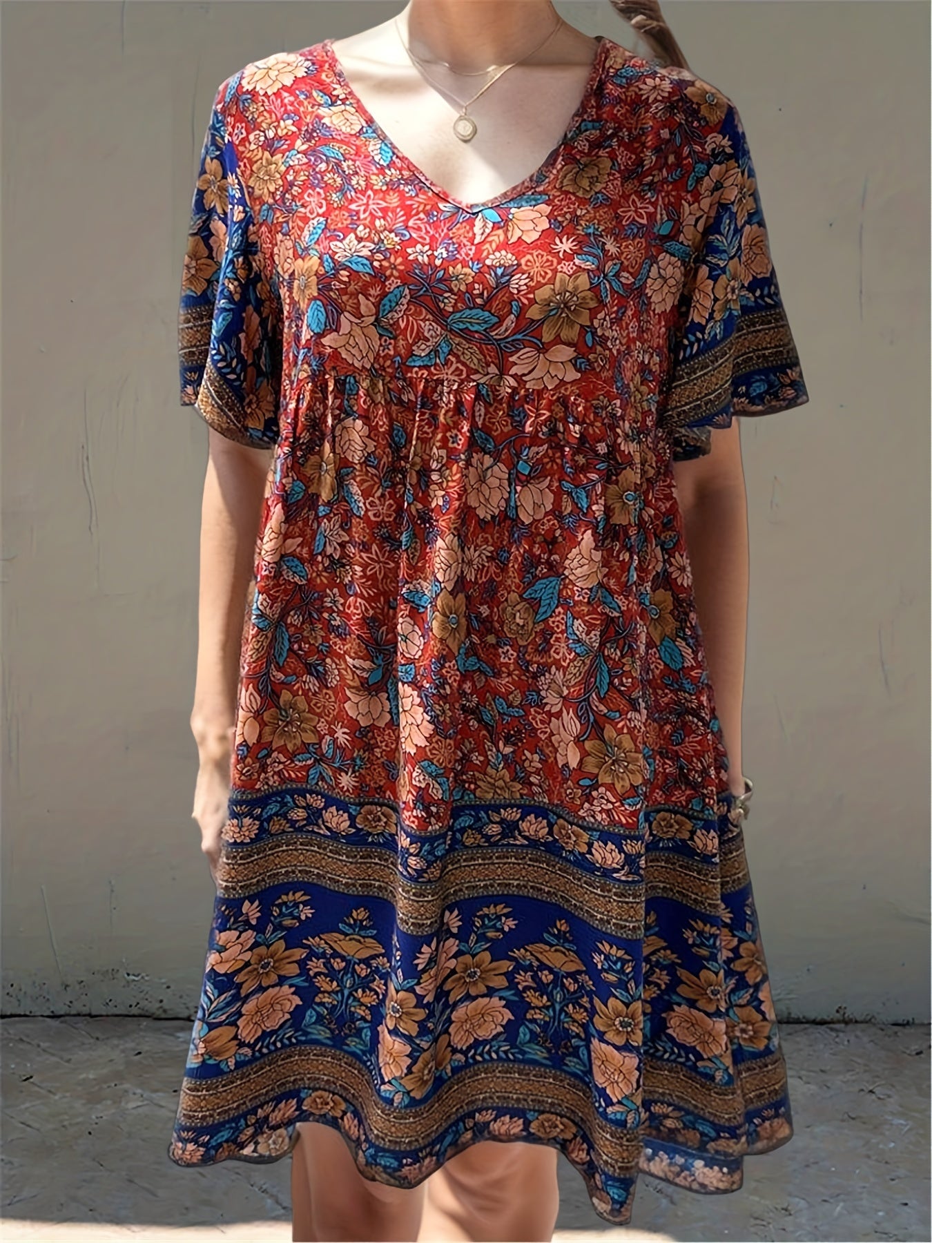 Floral Print V Neck Short Sleeve Dress for Summer
