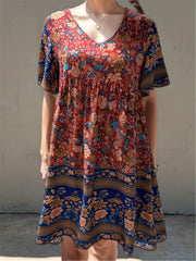 Floral Print V Neck Short Sleeve Dress for Summer