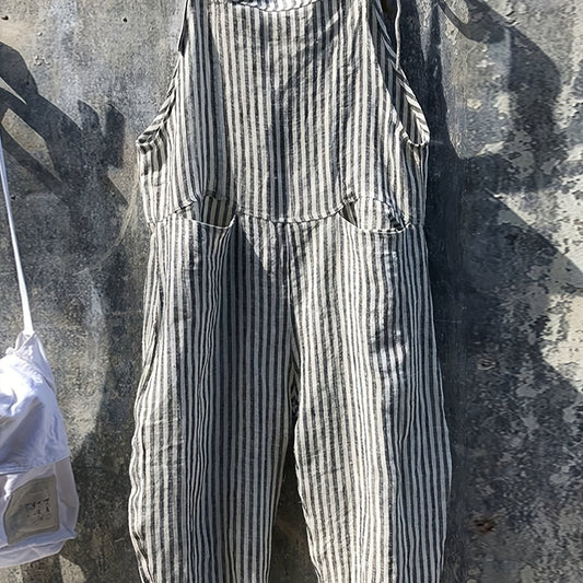 Striped Wide Leg Jumpsuit Dual Pockets Sleeveless Women's Clothing