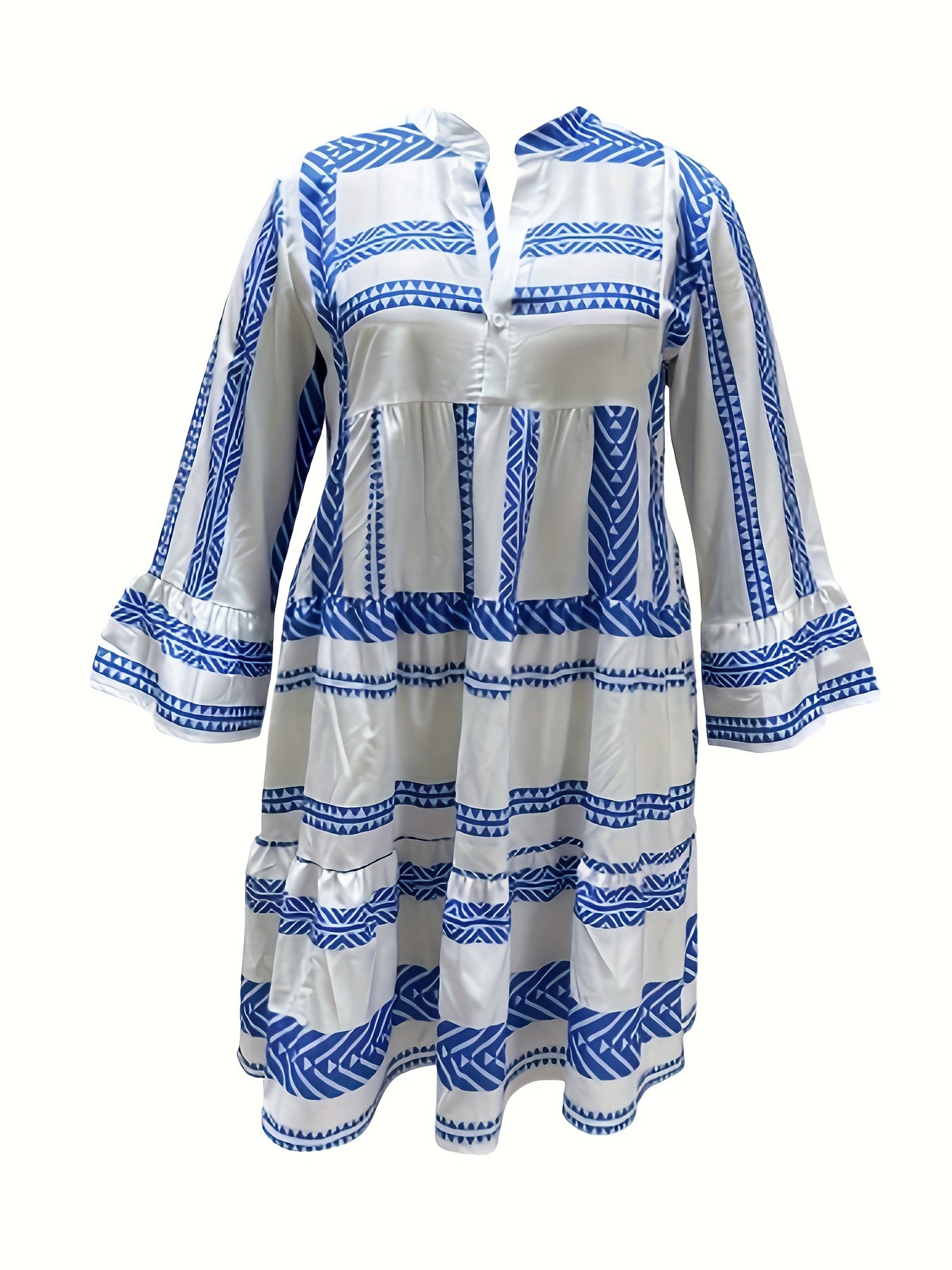  Geometric Print Bell Sleeve Smock Dress