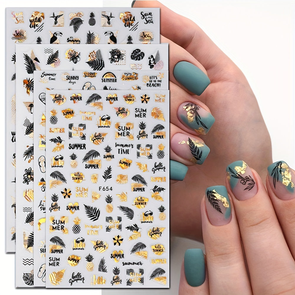 4 Sheets 3D Nail Art Stickers: Leaves/Flame Bird Adhesive Nail Decals