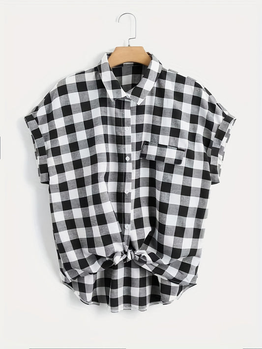  Gingham Print Button Up Bat Sleeve Blouse