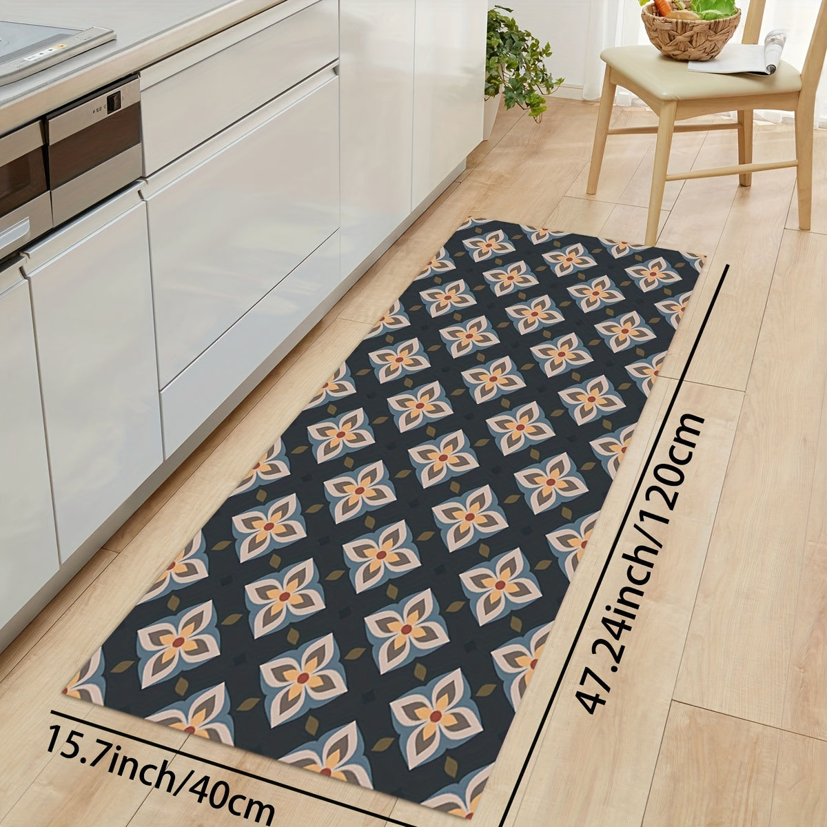 Retro Kitchen Mat Floral Pattern Rug Polyester Material Carpet Machine Washable