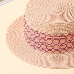 Pink Ribbon Decor Straw Hat Flat Top Jazz Sun Hat
