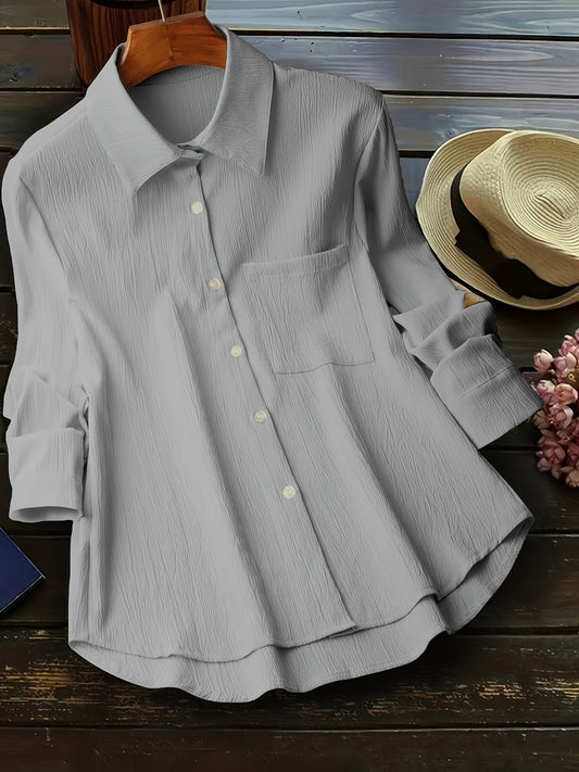  Casual Blouse Women's Solid Crinkle Button Up Long Sleeve Blouse