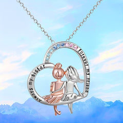 Sisters From Sister Two Little Girls Back Pattern Silvery Heart Necklace