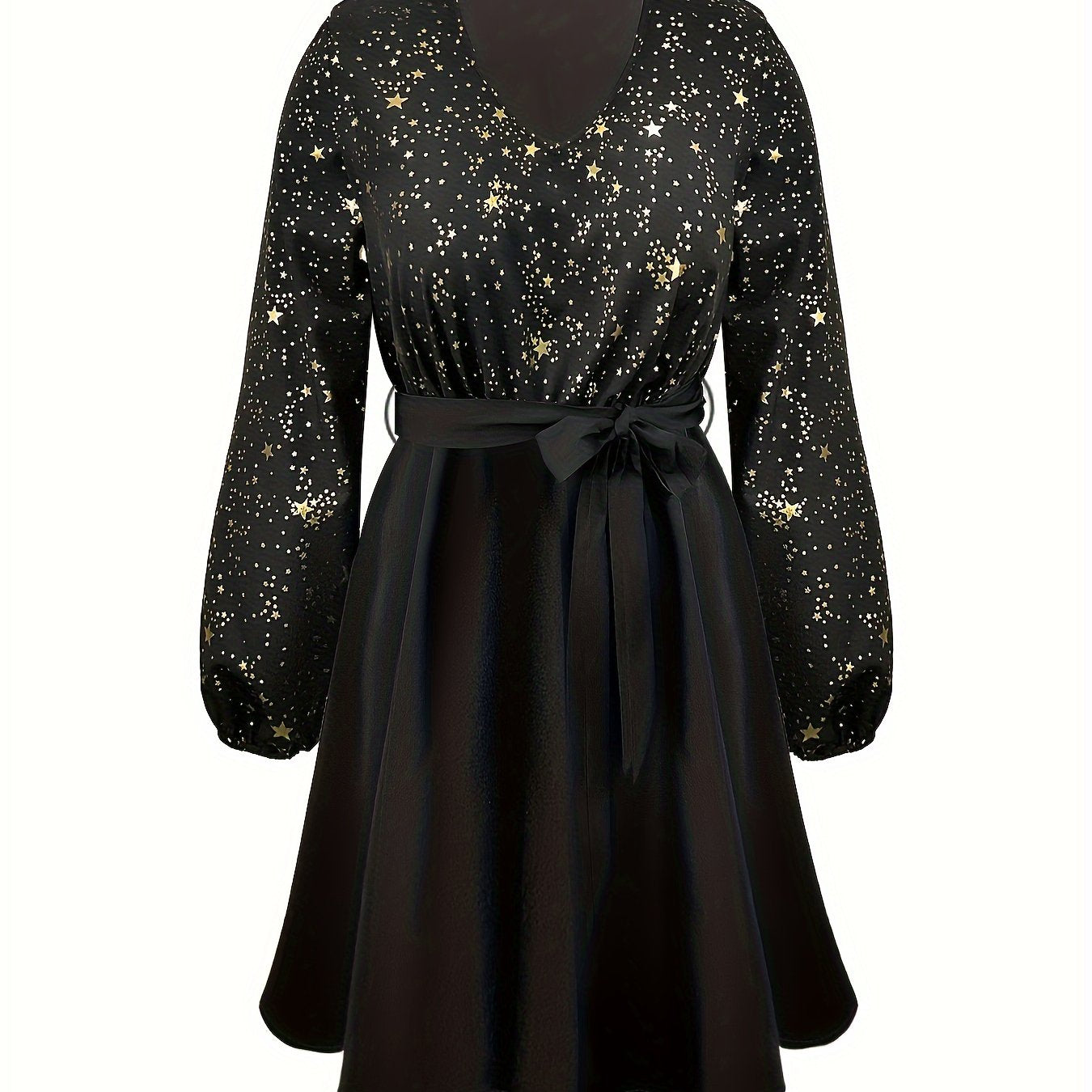  Galaxy Print V Neck Swing Belted Dress
