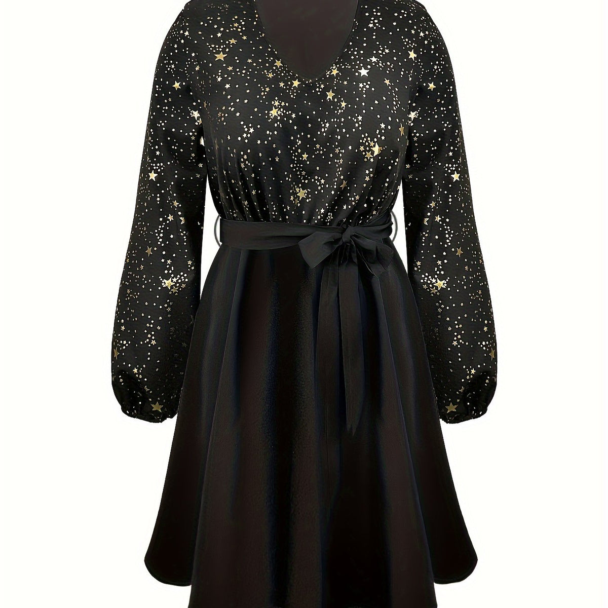  Galaxy Print V Neck Swing Belted Dress