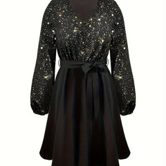  Galaxy Print V Neck Swing Belted Dress
