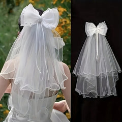 Double Layer Bowknot Bridal Veil with Pearls Wave Edge