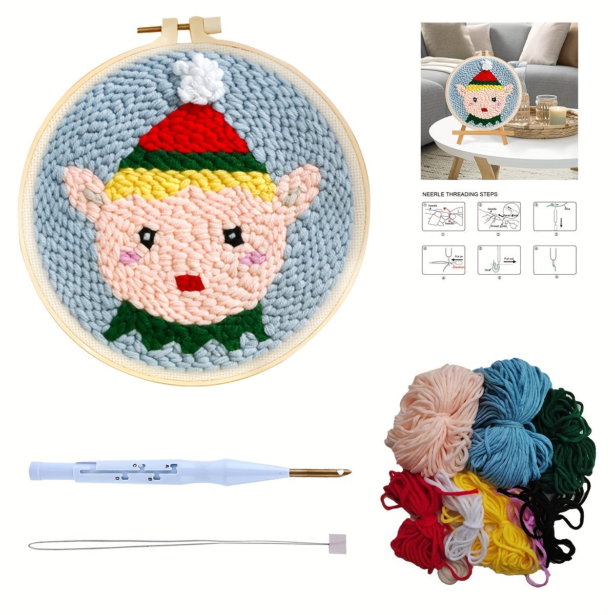 Christmas Punch Needle Embroidery Starter Kit Animal Rug 20x20cm