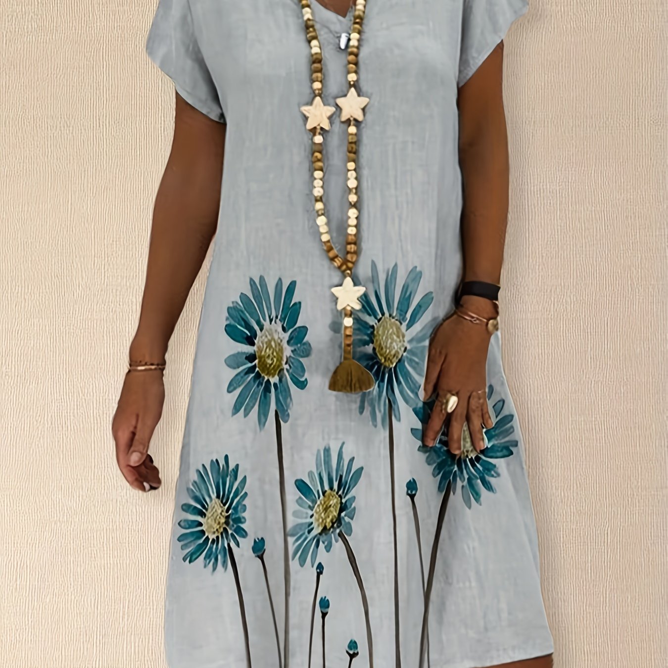 Floral Print V-Neck Tee Dress Plus Size Casual Wear