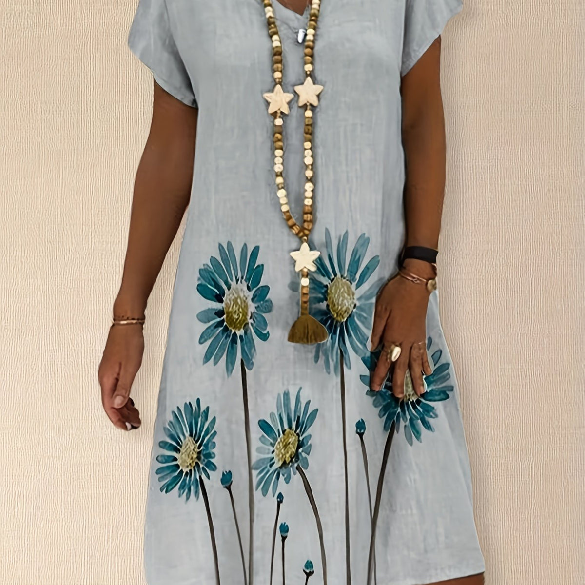 Floral Print V-Neck Tee Dress Plus Size Casual Wear