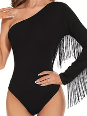 Women's Sultry One Shoulder Tassel Teddy Bodysuit