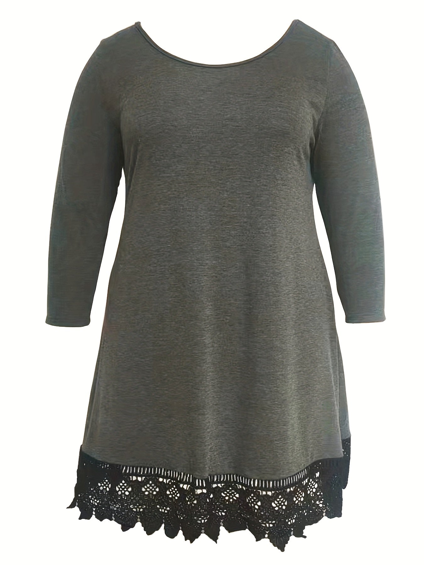  Lace Trim Long Sleeve Round Neck Dress