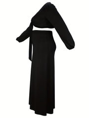  Long Sleeve Knot Crop Top & Maxi Skirt Set