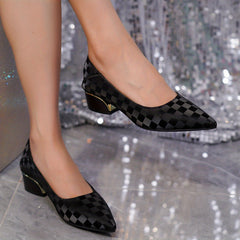 Women's Checked Court Pumps Pointed Toe Chunky Low Heels Work Shoes