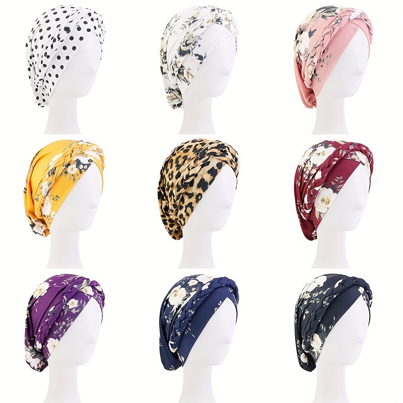 Flower Print Turban Cap Pre tied Braided Head Wrap Elastic Bonnet
