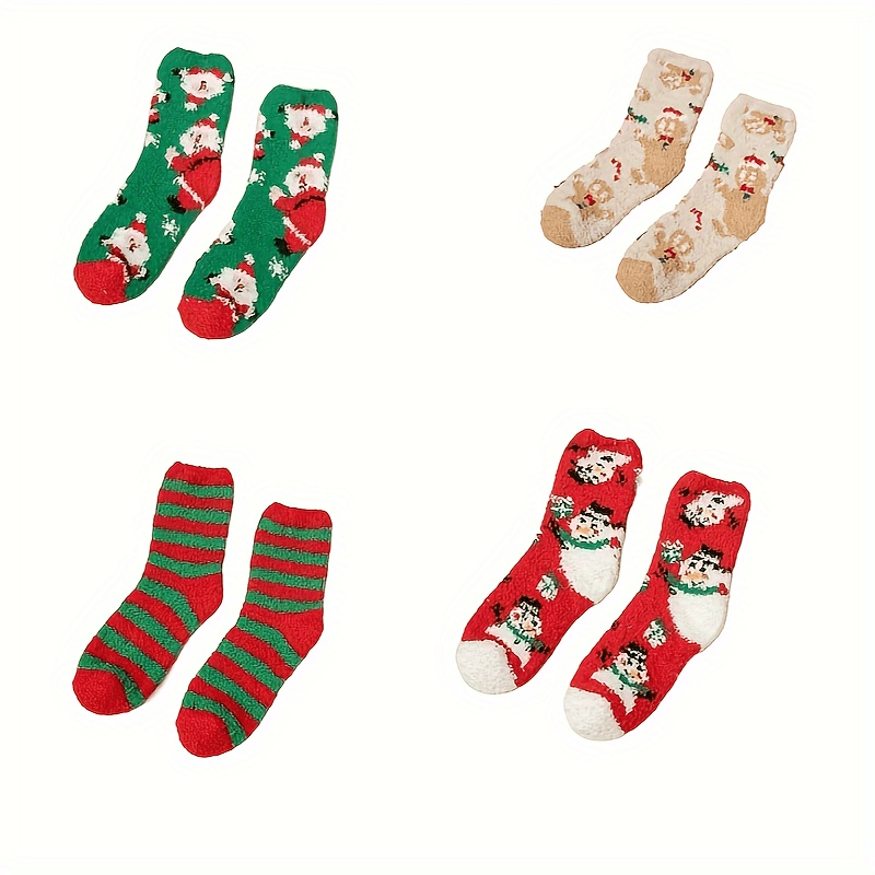 4 Pairs Christmas Print Socks Comfy & Fuzzy Warm Women's Stockings