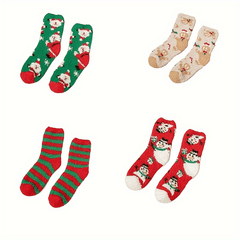 4 Pairs Christmas Print Socks Comfy & Fuzzy Warm Women's Stockings