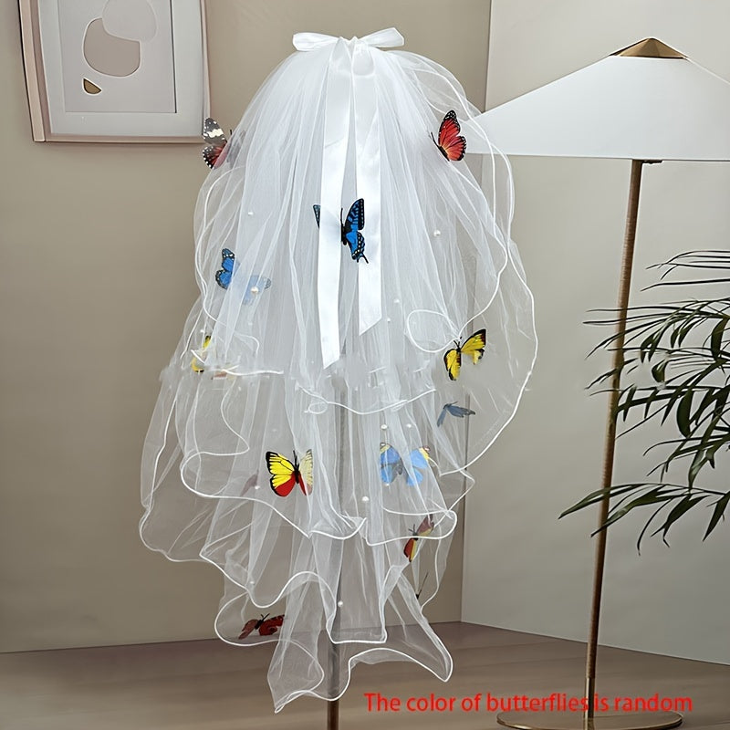 Bridal Wedding Veil Colorful Butterfly Mesh Style Veil Hairpiece