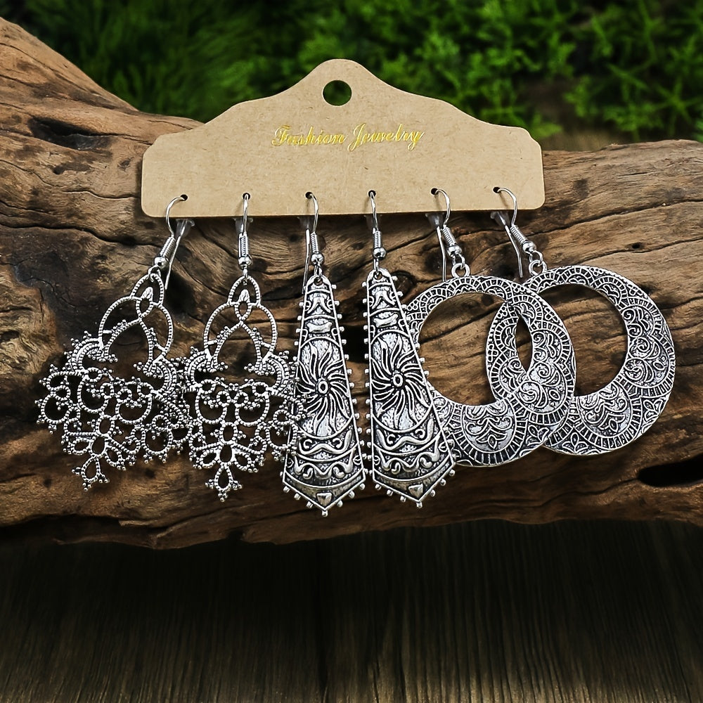 Retro Style Antique Silver 3 Pairs Earrings Set
