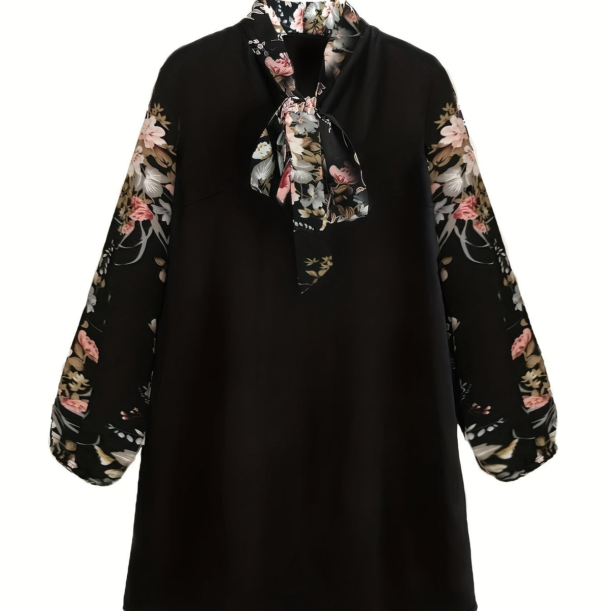  Dress Women's Plus Colorblock Floral Print Lantern Sleeve Tie Neck In