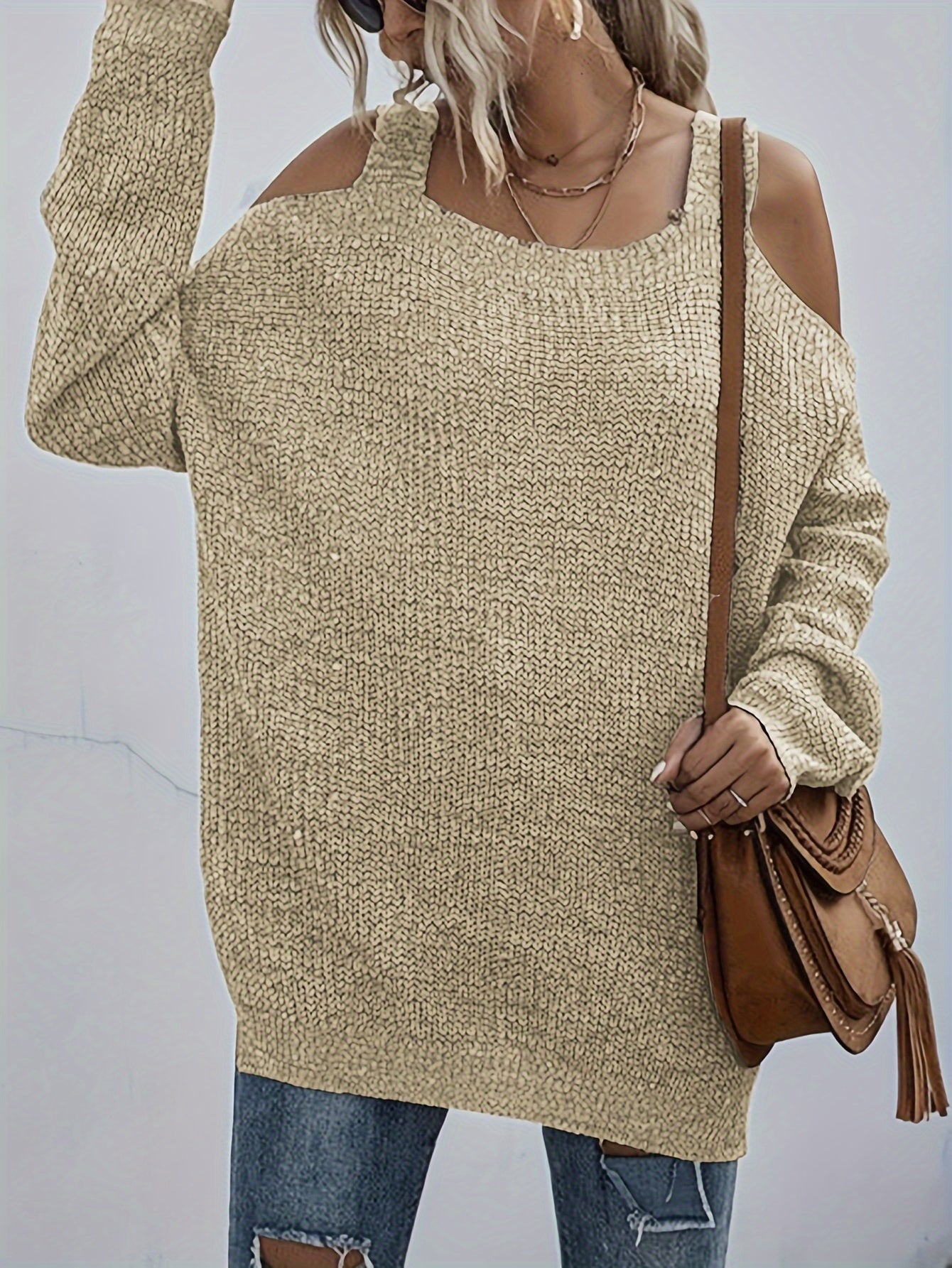  Solid Cold Shoulder Long Sleeve Sweater