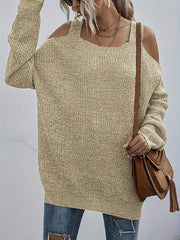  Solid Cold Shoulder Long Sleeve Sweater