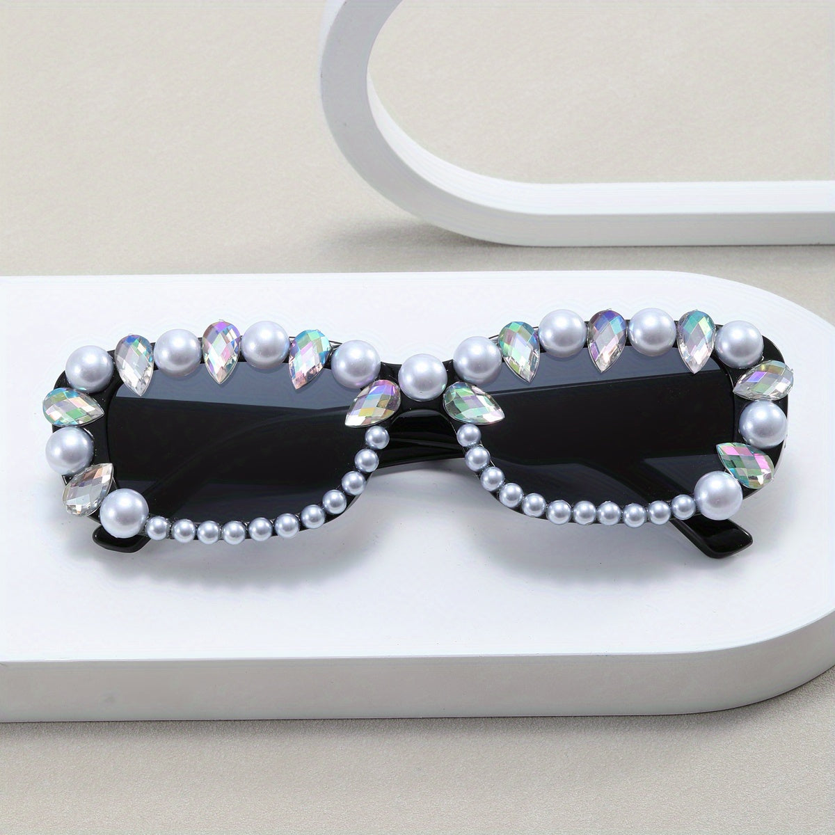 Y2K Rectangle Sunglasses Rhinestone & Faux Pearl Anti Glare UV400