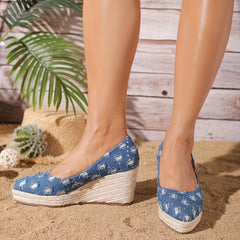 Women's Denim Wedge Heels Pointed Toe Espadrille Shoes