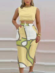 Casual Skirt Set Crop Tank Top & Print Side Split Skirt Outfits