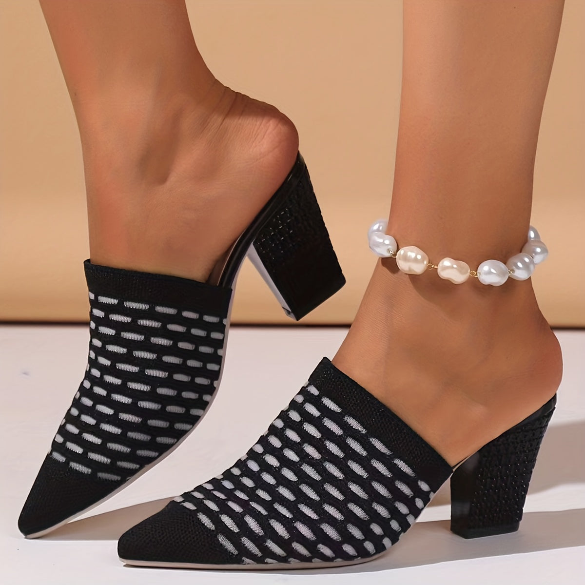 Women's Knit Heeled Mule Sandals Pointed Toe Chunky High Heels Slingback