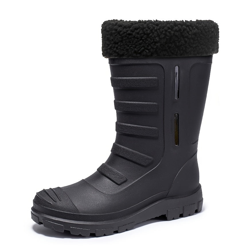 Women's Plush Mid Calf Rain Boots Waterproof Round Toe Shoes