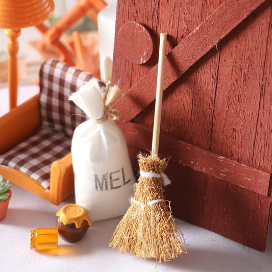 1:12 Scale Broom Realistic Straw Bristles Wood Handle Dollhouse A