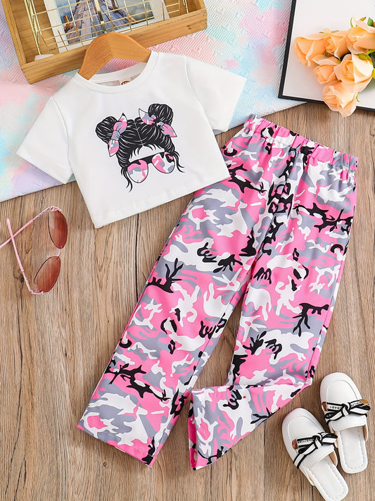 Girl's Camo 2pcs T shirt & Sweatpants Set Anime Girl Print