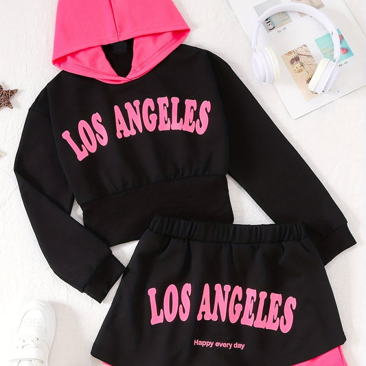 Girl's Hoodie & Sporty Style Skirt Set with Print - Kid's Clothes